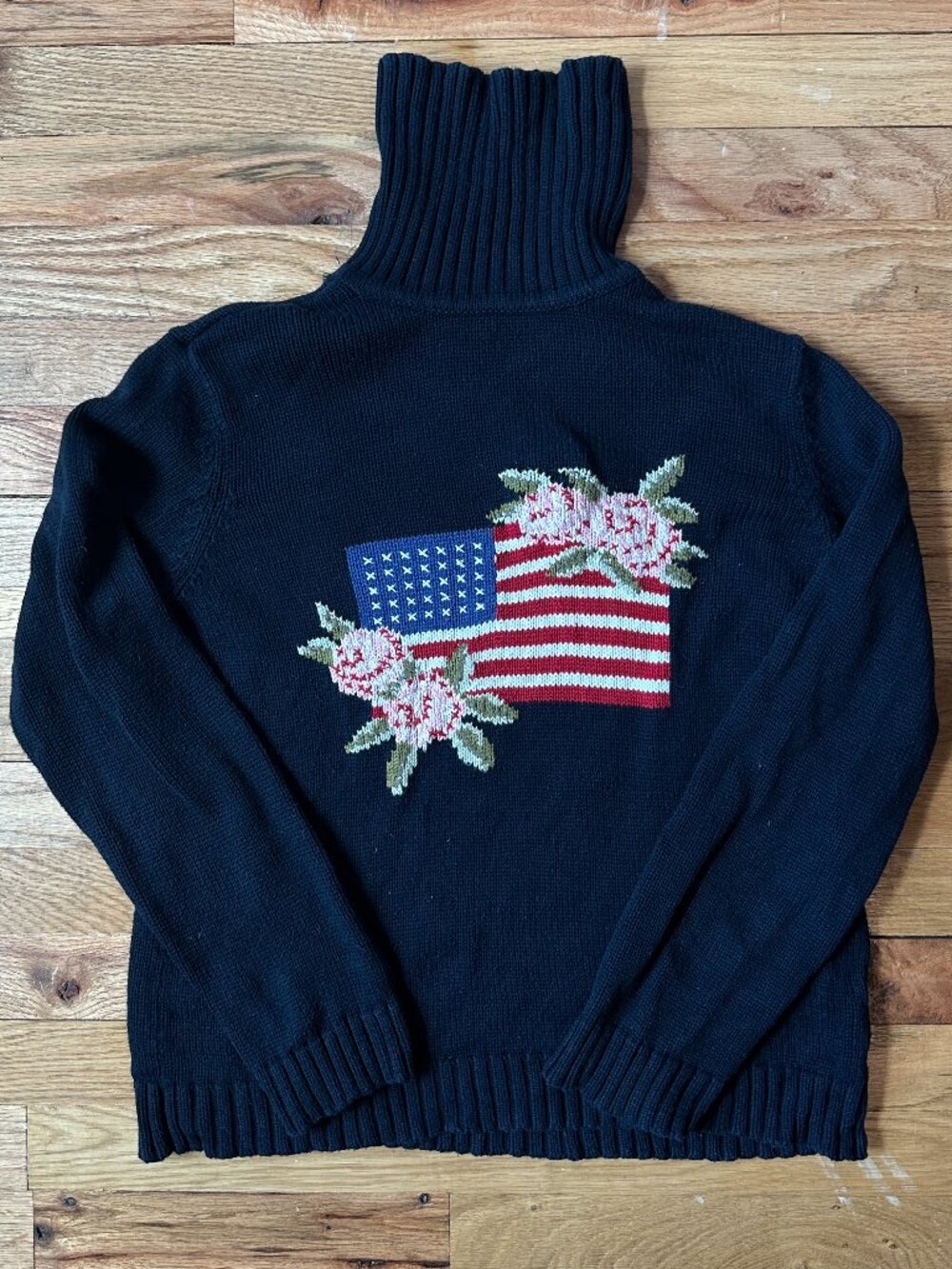 Vintage 90s Navy Turtleneck Sweater American Flag Floral XL Sz.3